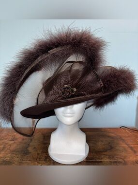 Ellie Fine Hats Women's Hat 100% Wool Brown Feather Sequin Trim Derby Church